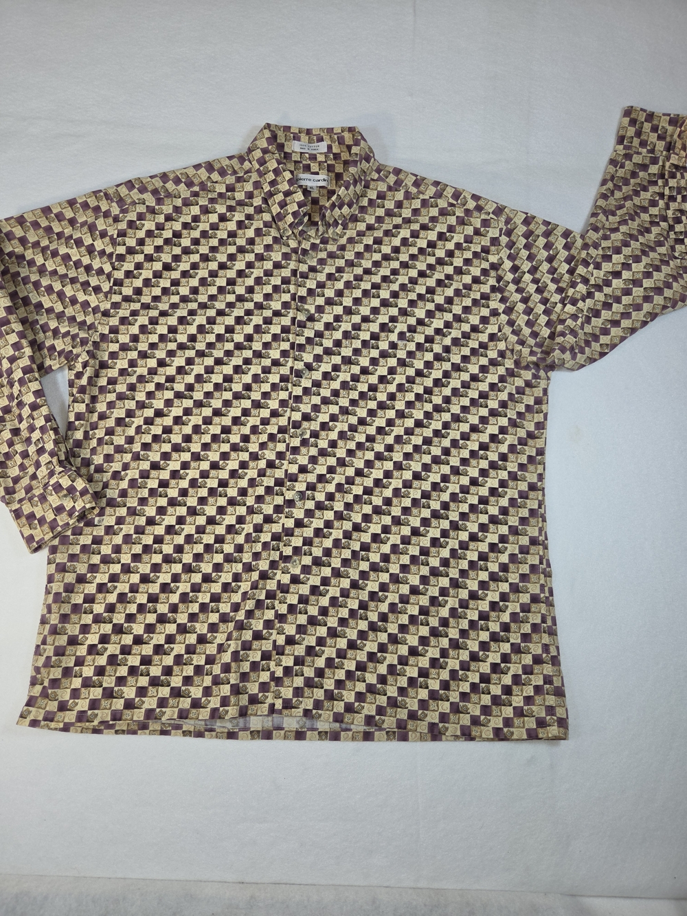 Pierre Cardin Vintage Men's XL Button Down Shirt Geometric Checkered Purple Tan